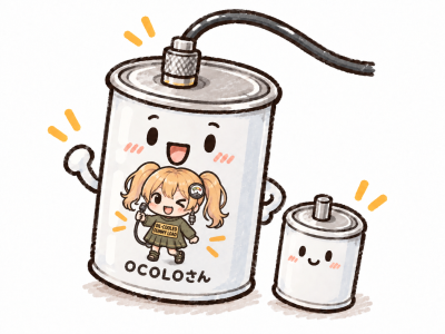 OCOLOさんの柄をあしらった油冷式ダミーロードと小さな仲間のイラスト
